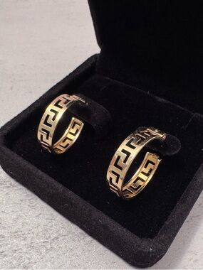14K Greek Key Hole Cut Out Design Gold Hoop Earrings 585